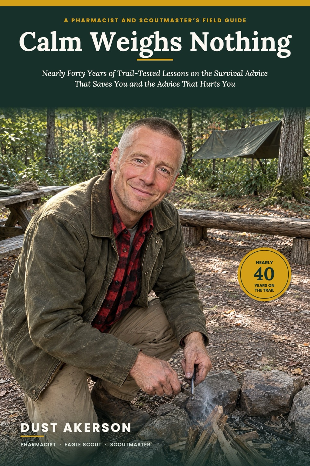Cover of Calm Weighs Nothing by Dust Akerson: Dust kneeling at a campfire ring in the woods