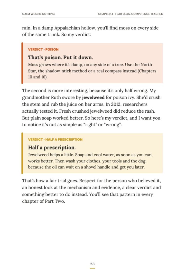 Page 58: verdict boxes on moss and jewelweed